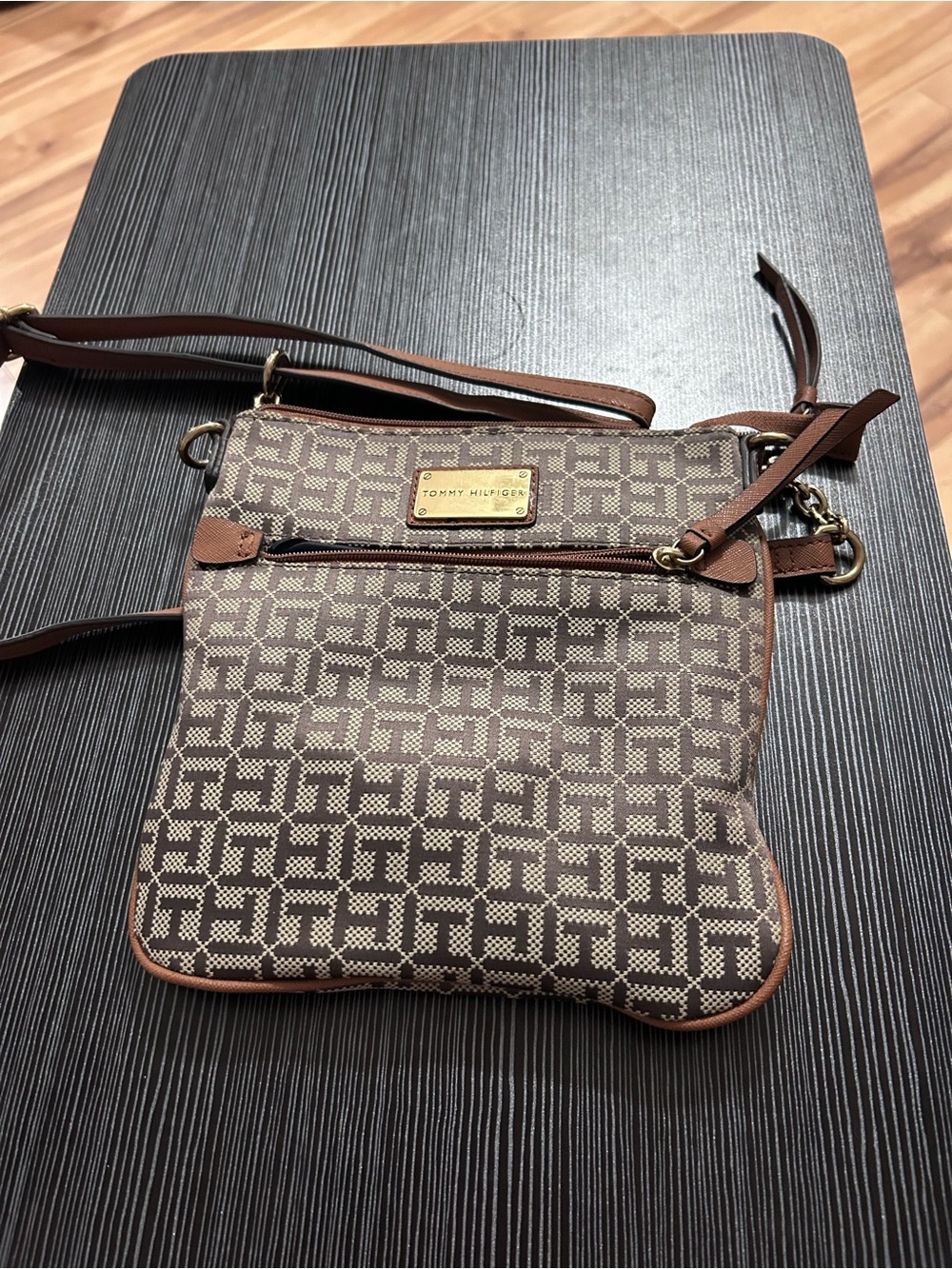 Tommy Hilfiger Brown Monogram Crossbody Messenger Bag